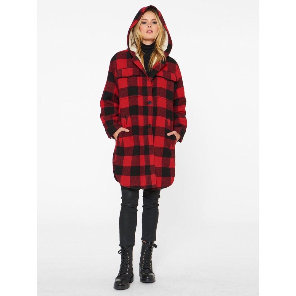 Sanctuary Red and Black Plaid Hooded Coat